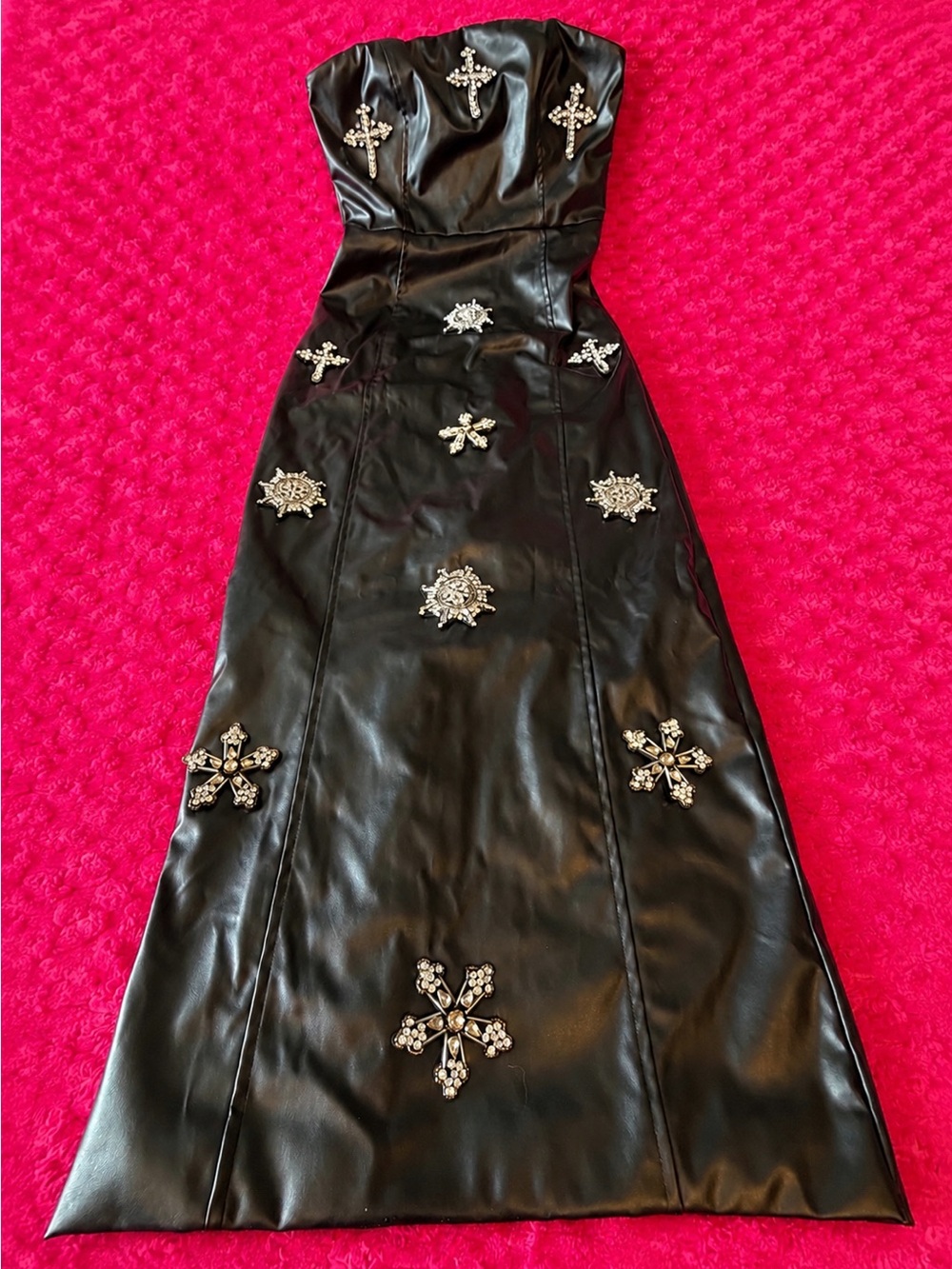 Fashion Nova Dolce Maxi Dress NWT Black Faux Leather Rhinestone Cross Size Large